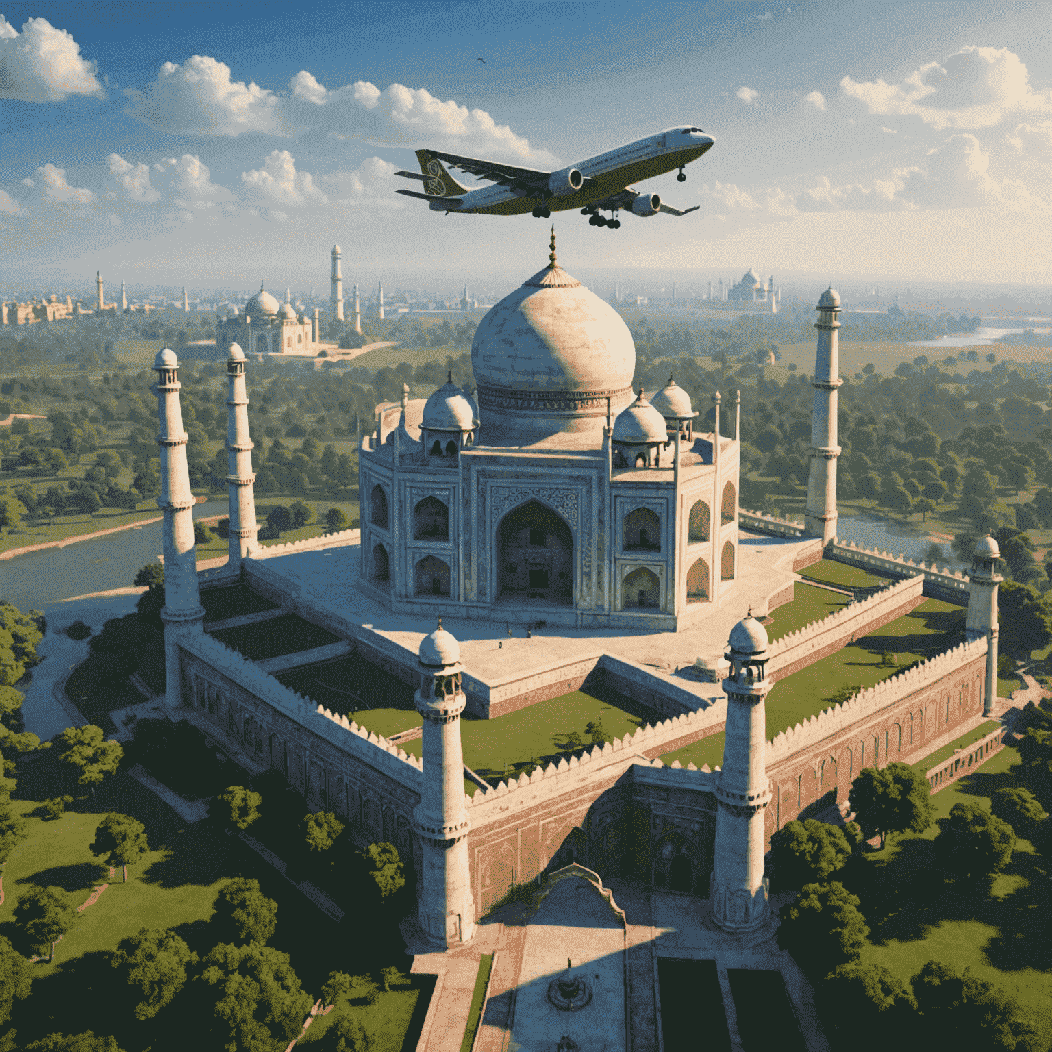 Screenshot of Avia Game India showing a plane flying over a detailed landscape of the Taj Mahal and surrounding area