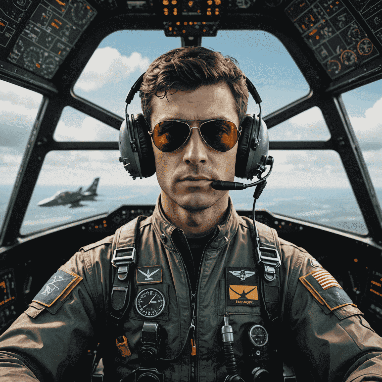 A pilot in a cockpit, looking focused and responsible, with Aviator game interface elements visible