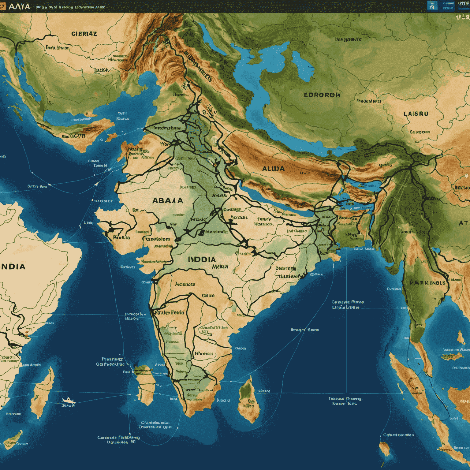 Interactive map of India showing various flight routes and destinations available in the Avia Game