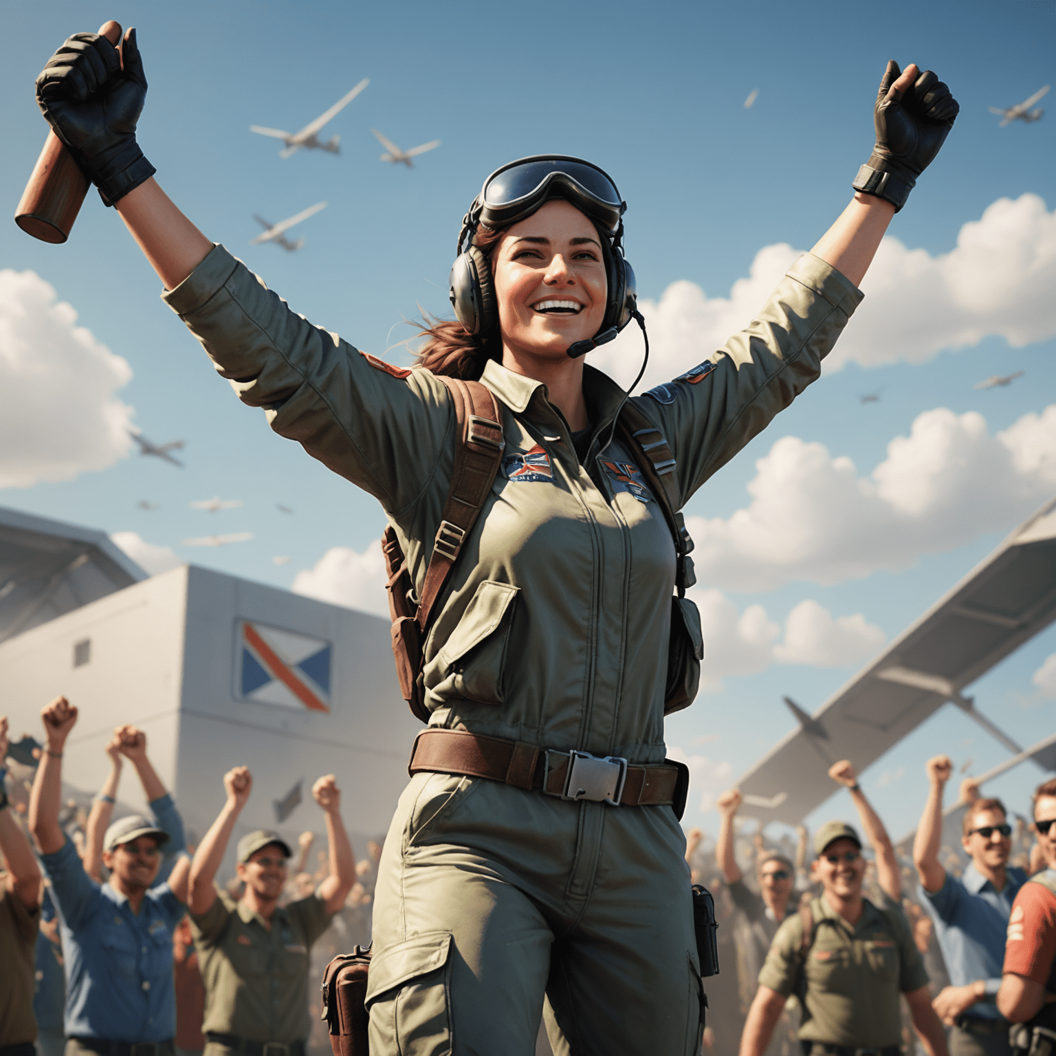 A female Aviator player celebrating a big win, arms raised in triumph