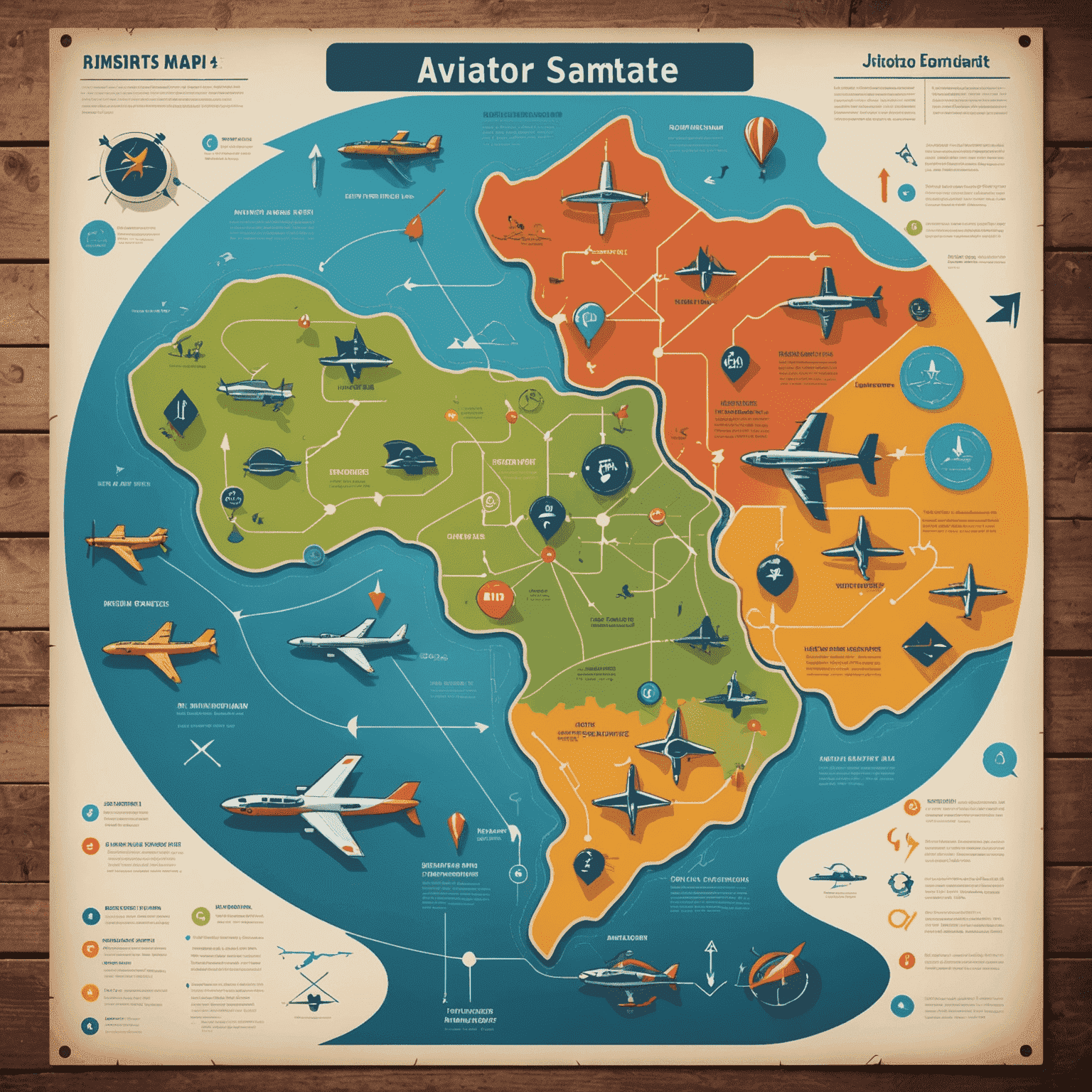 A strategic map or flowchart showing various Aviator game strategies, with arrows pointing to key decision points and tips highlighted in vibrant colors.