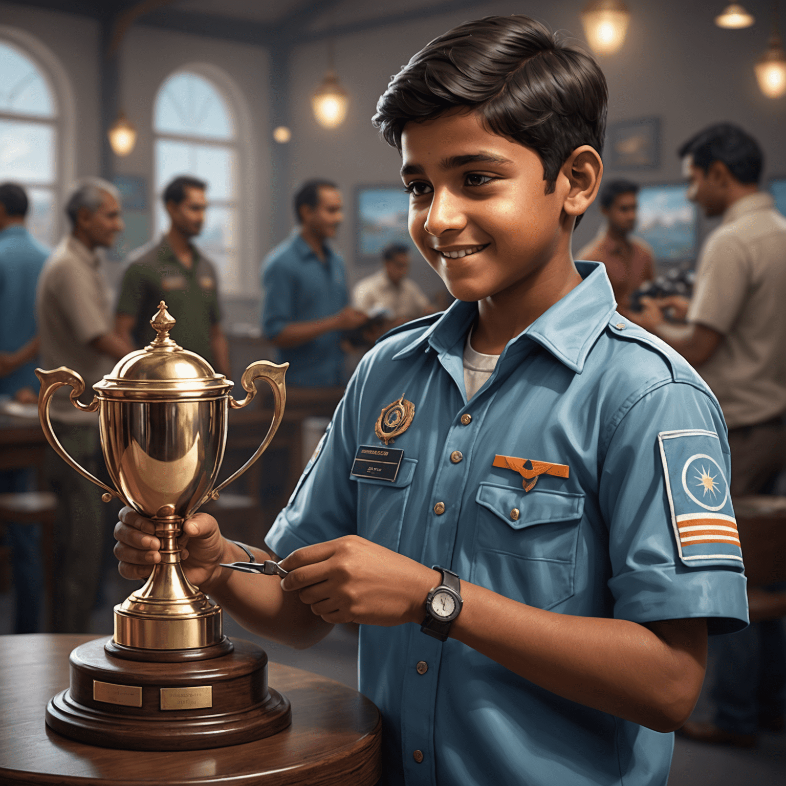 A young Indian gamer receiving a trophy for his Aviator achievements