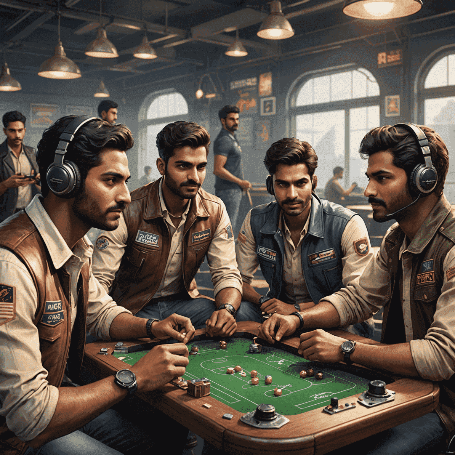 A diverse group of Indian players enjoying Aviator game, showcasing the social and psychological aspects of gaming