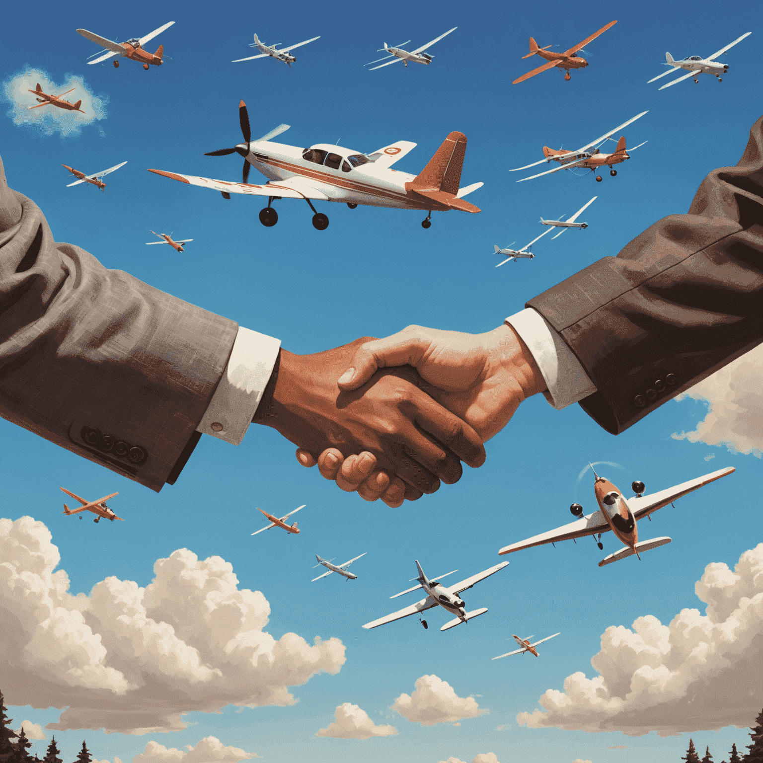 A friendly illustration showing two people shaking hands with small airplanes flying around them, representing the refer-a-friend bonus