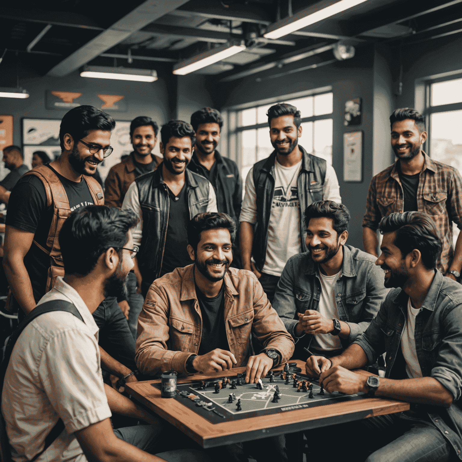 A group of diverse Indian gamers gathered for an Aviator meetup, smiling and discussing strategy