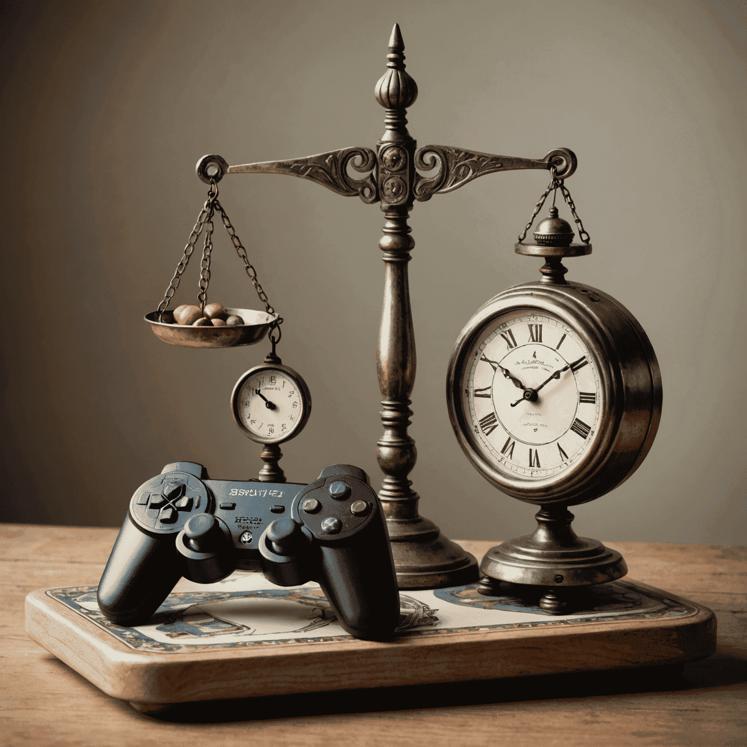 A balanced scale showing a game controller on one side and a clock on the other, symbolizing the balance between gaming and other life activities, with Indian cultural elements in the background.