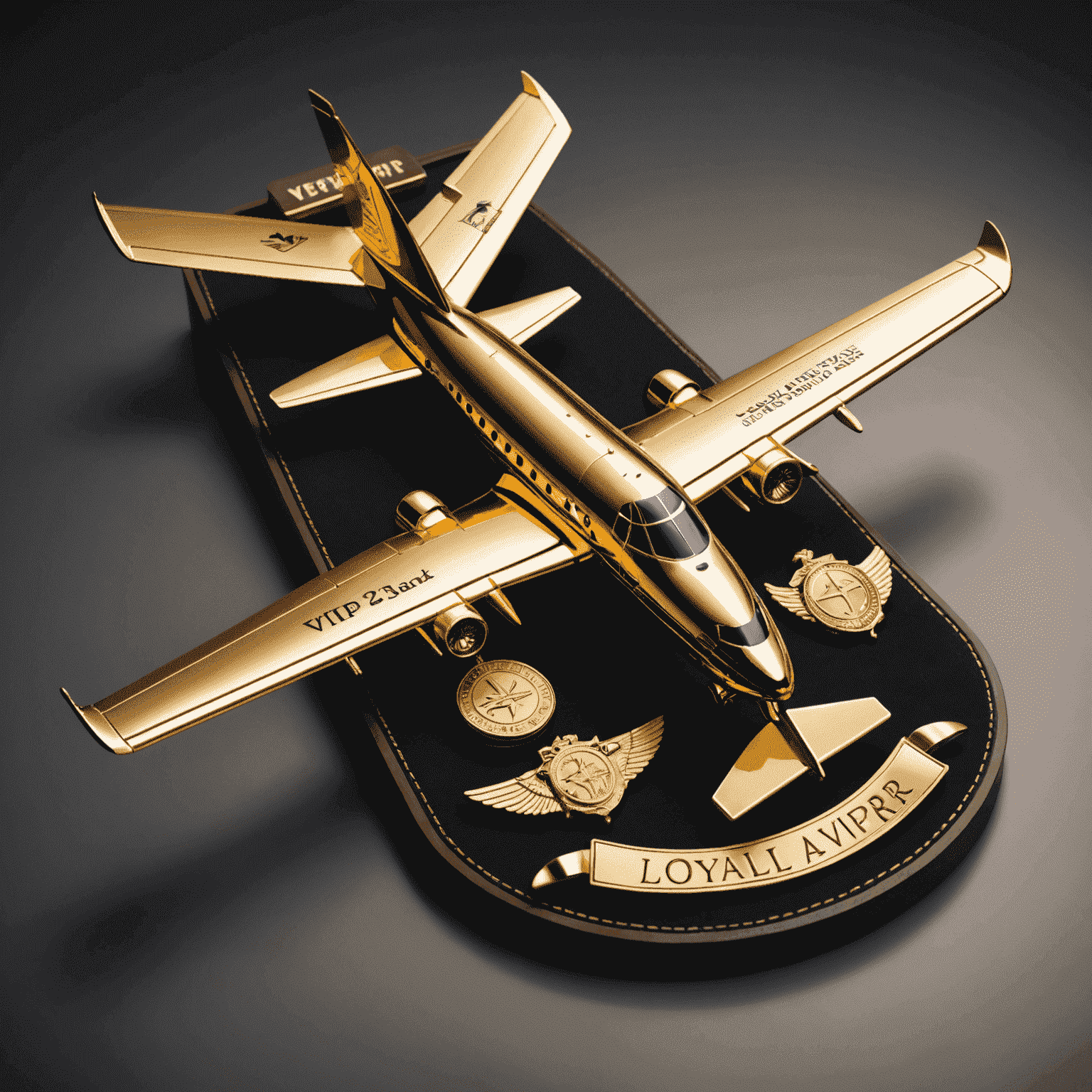 A luxurious image featuring a golden airplane trophy and VIP badges, illustrating the exclusive VIP program for loyal Aviator players