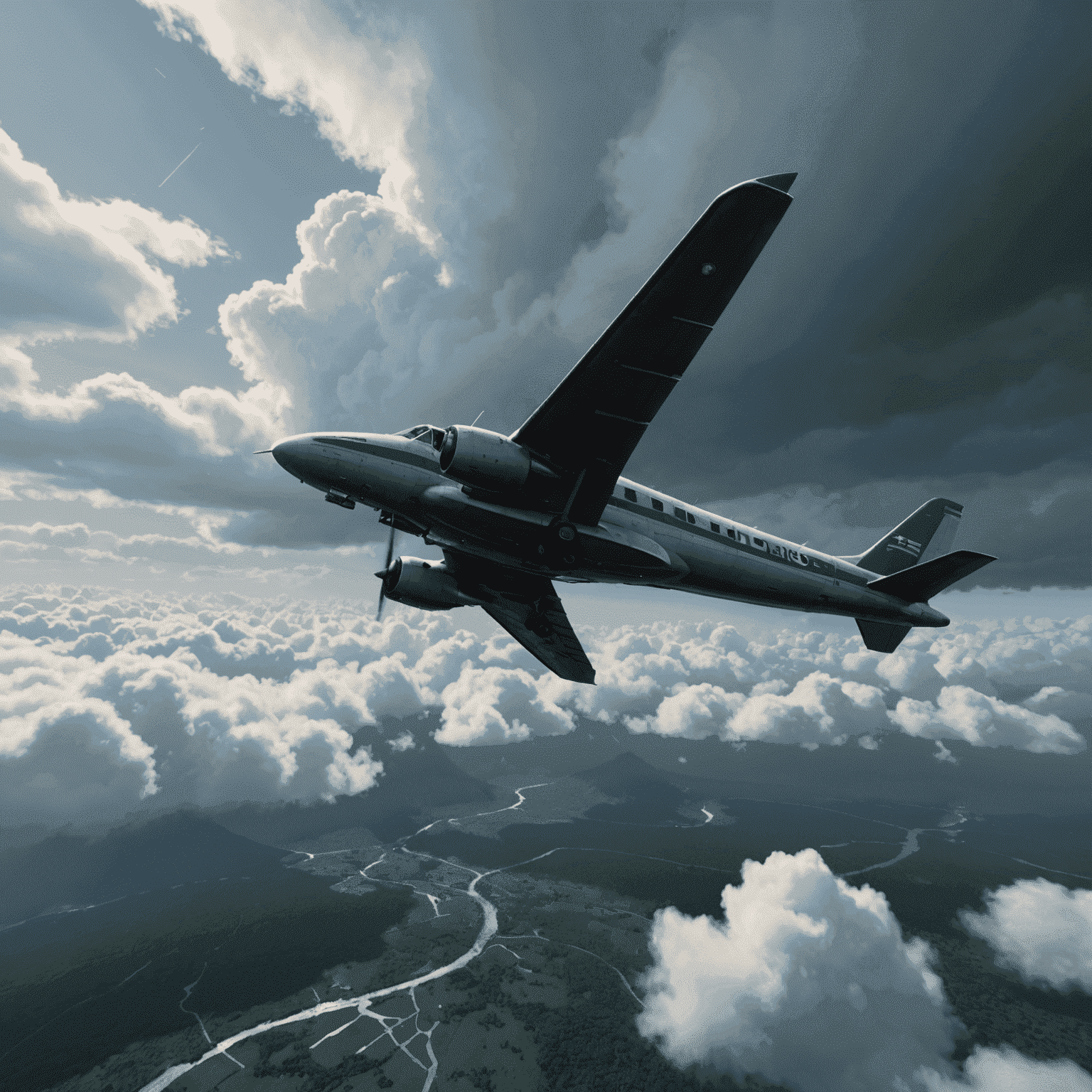 In-game screenshot showing aircraft flying through monsoon clouds