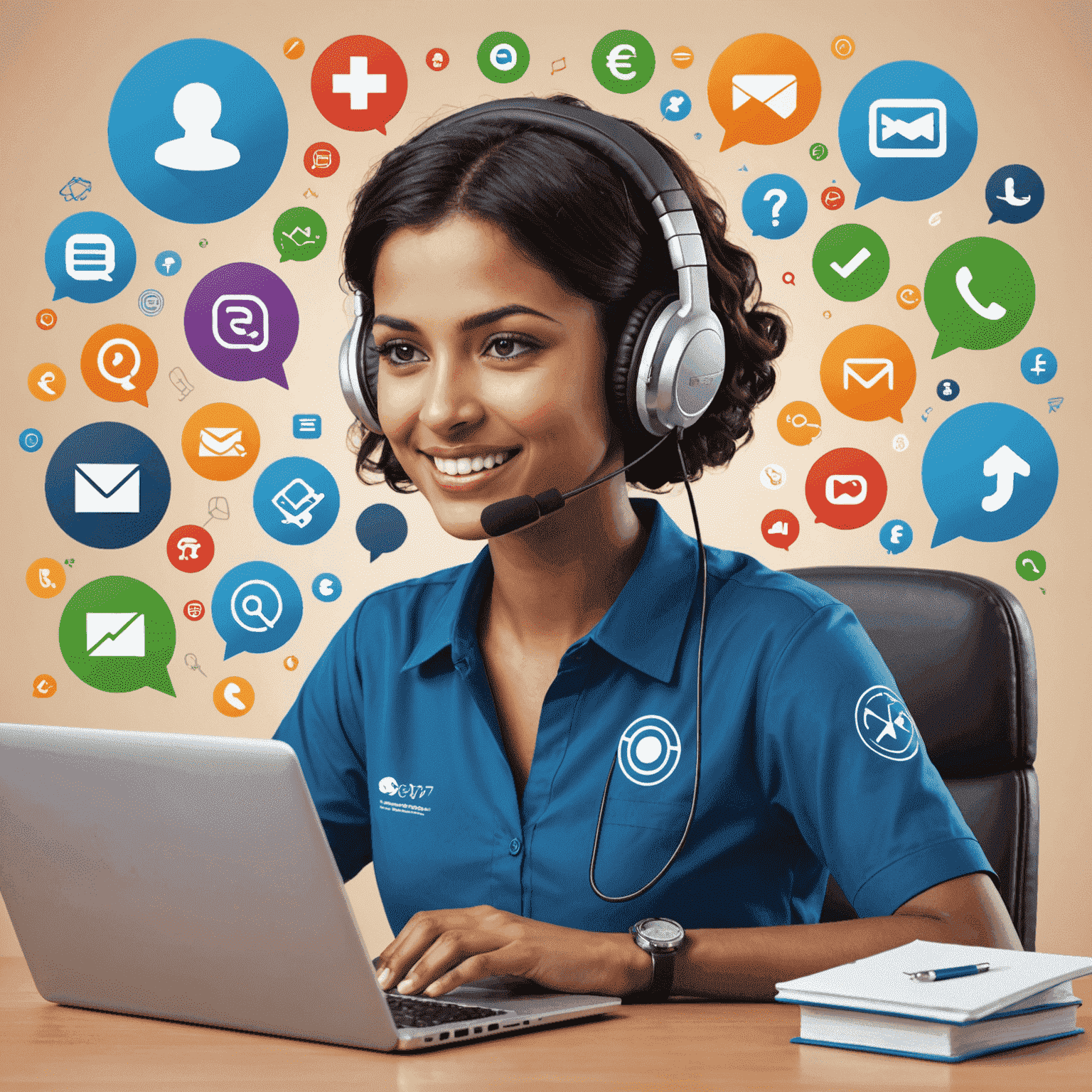 A friendly customer support representative with a headset, surrounded by various communication icons (chat, email, phone) and Aviator game symbols, indicating 24/7 support for Indian players.