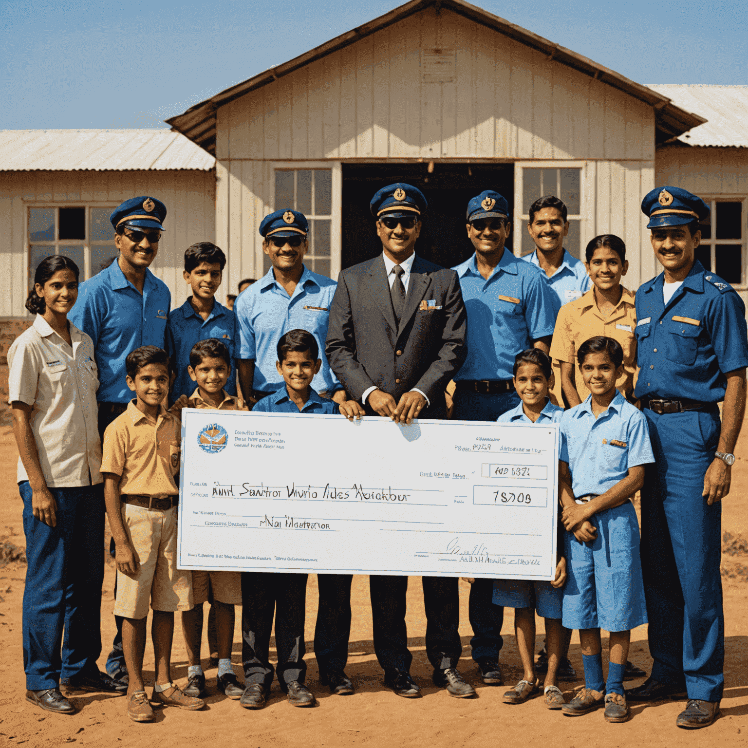 A group of Indian Aviator players presenting a large check to a rural education charity, with children and teachers in the background